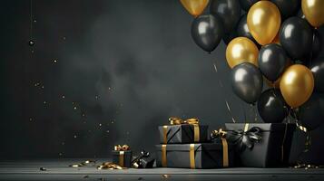 AI generated Black Friday sale banner with ballon and gift box space for text. AI Generated photo