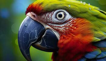 AI generated Tropical macaw perched, vibrant feathers in focus. Generative AI photo