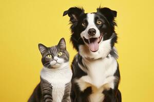 AI generated Cat and dog together with happy expressions on yellow background. AI Generated photo