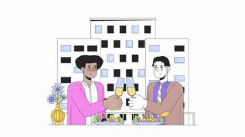 Valentines gay couple dinner line cartoon animation. Restaurant date 14 february 4K video motion graphic. Diverse boyfriends toast champagne 2D linear animated characters isolated on white background