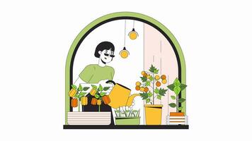 Growing indoor veggies windowsill line cartoon animation. Saving energy at home 4K video motion graphic. Reduce electricity usage. Asian woman 2D linear animated character isolated on white background