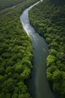 ai generado aéreo ver de el amazonas selva paisaje con río doblar. generativo ai foto