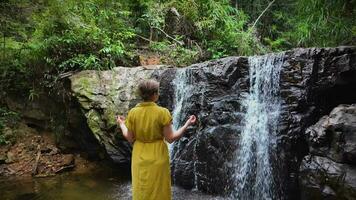 serenidad cascada, mujer medita en medio de naturaleza video