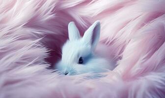 AI generated Cute bunny is peeking out of a pink hole photo