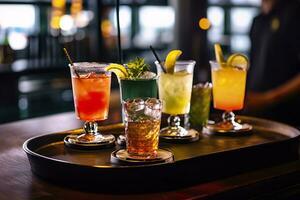AI generated Glasses alcohol cocktail set on a waiter tray in bar. AI Generated photo
