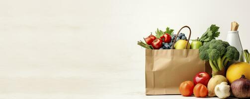 ai generado sano vegetariano comida lleno en un papel bolso con vegetales foto