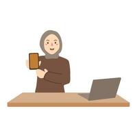 Smiling Woman Working Online with Her Laptop vector