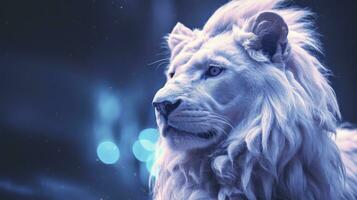 AI generated A White Lion Captured in Blue Iridescent Hues, Dark Romantic Style, Close-Up Shots, Featuring Glitter, Bokeh, and a Clean, Minimalist Aesthetic. photo