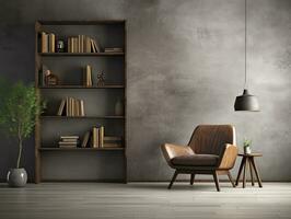 AI generated A Chair in the Living Room Behind a Bookcase, Against an Empty Wall. photo