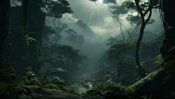 AI generated Landscape of tropical green forest with trees and dark clouds photo