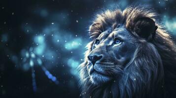 AI generated Close Up Capture of a Lion King in Dark Romantic Style, Featuring Blue Iridescent Tones, Glitter, and Bokeh Effects. photo