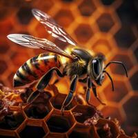 AI generated Nature's Harmony Close-up of a Bee Gracefully Resting on a Honeycomb. photo