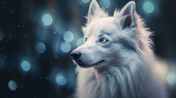 ai generado cerca arriba capturar de un blanco perro con azul iridiscente tonos, abrazando oscuro romántico estilo, Brillantina, Bokeh, y un minimalista acercarse. foto