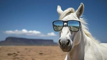 ai generado gracioso caballo en Gafas de sol en contra un natural antecedentes foto