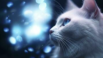 ai generado un linda mullido gato con brillante azul ojos curioso fuera de foto