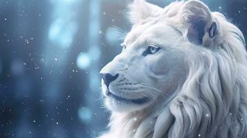 AI generated A White Lion Captured in Blue Iridescent Hues, Dark Romantic Style, Close-Up Shots, Featuring Glitter, Bokeh, and a Clean, Minimalist Aesthetic. photo