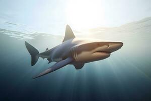 ai generado genial blanco tiburón posando en el profundo azul agua. neural red ai generado foto