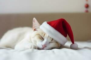 AI generated Cute kitten sleeps in a Christmas hat. Neural network AI generated photo