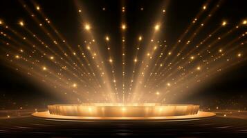 AI generated Golden stage background with glitters and spotlights for events, celebrations, product display photo