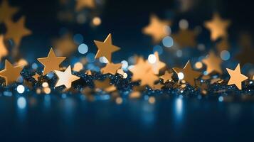 AI generated Golden Star Confetti On Dark Blue Surface photo