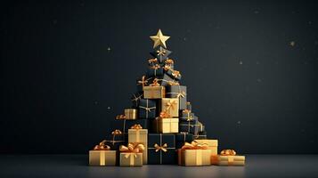 AI generated Black and golden gift boxes stacked up in tree shape, minimal background photo