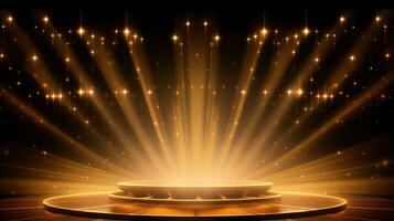 AI generated Golden stage background with glitters and spotlights for events, celebrations, product display photo
