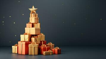 AI generated Red and golden gift boxes stacked up in tree shape, minimal background photo