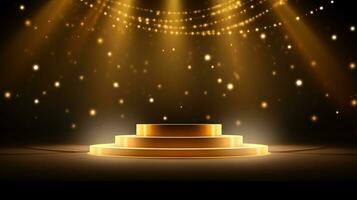 AI generated Podium with golden light rays background, Golden light shiny award stage photo