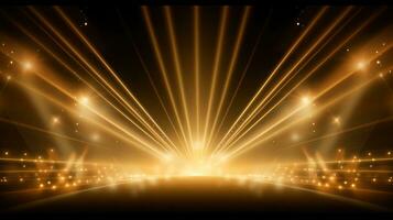 AI generated Golden stage background with glitters and spotlights for events, celebrations, product display photo