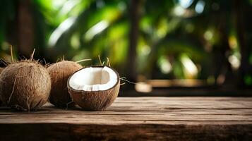 AI generated Product display rustic old wooden boards table with coconut farm in background. photo