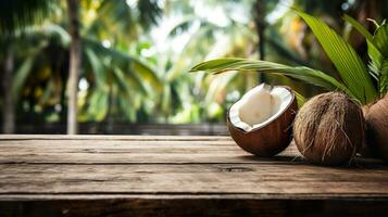 AI generated Product display rustic old wooden boards table with coconut farm in background. photo