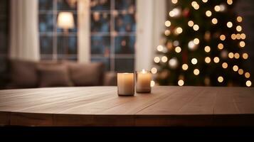 AI generated Wooden Table With Two Candles in Festive Indoor Setting, New Year Concept photo