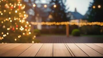 AI generated Empty wooden table with new year theme in background photo