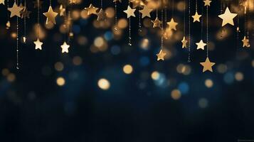 AI generated Shiny Golden Stars Hanging Against Bokeh Background photo