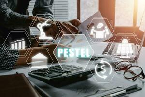 PESTEL analysis concept, political, economic, socio-cultural, technological, environmental and legal, Business team analyzing income charts and graphs with PESTEL icon on virtual screen. photo