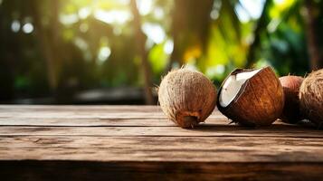 AI generated Product display rustic old wooden boards table with coconut farm in background. photo