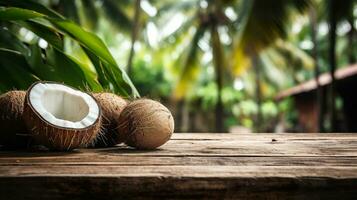 AI generated Product display rustic old wooden boards table with coconut farm in background. photo