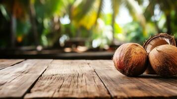 AI generated Product display rustic old wooden boards table with coconut farm in background. photo