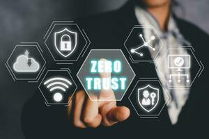 Zero trust security concept, Person hand touching zero trust icon on virtual screen. photo