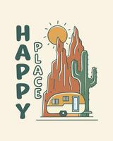 Happy place is the caravan park in desert vibes illustration for badge, sticker, patch, t shirt design, etc vector