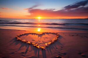 ai generado corazones forma en el arena a el playa de puesta de sol calentar ligero. foto
