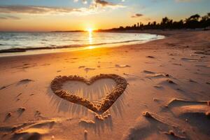 ai generado corazones forma en el arena a el playa de puesta de sol calentar ligero. foto