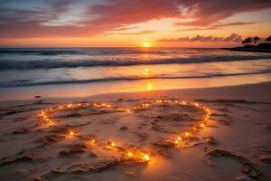 ai generado corazones forma en el arena a el playa de puesta de sol calentar ligero. foto