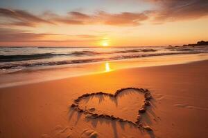 ai generado corazones forma en el arena a el playa de puesta de sol calentar ligero. foto