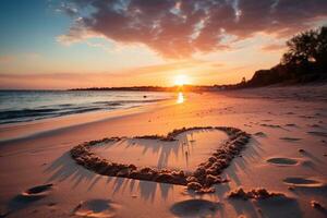 ai generado corazones forma en el arena a el playa de puesta de sol calentar ligero. foto