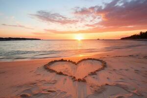 AI generated Hearts shape in the sand at the beach of sunset warm light. photo