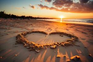 ai generado corazones forma en el arena a el playa de puesta de sol calentar ligero. foto