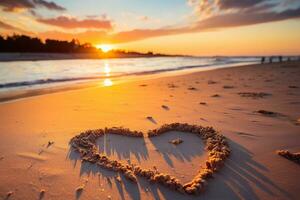 ai generado corazones forma en el arena a el playa de puesta de sol calentar ligero. foto