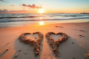 ai generado corazones forma en el arena a el playa de puesta de sol calentar ligero. foto