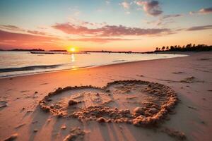 ai generado corazones forma en el arena a el playa de puesta de sol calentar ligero. foto